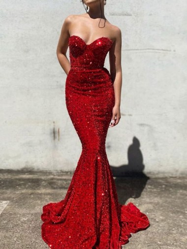 Sem Mangas Amor Lantejoulas Veludo Borgonha Comboio Corte Longo Vestidos de Festa Mais Barato
