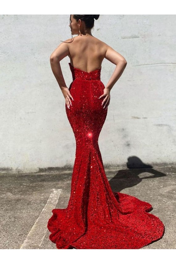 Sem Mangas Amor Lantejoulas Veludo Borgonha Comboio Corte Longo Vestidos de Festa Mais Barato