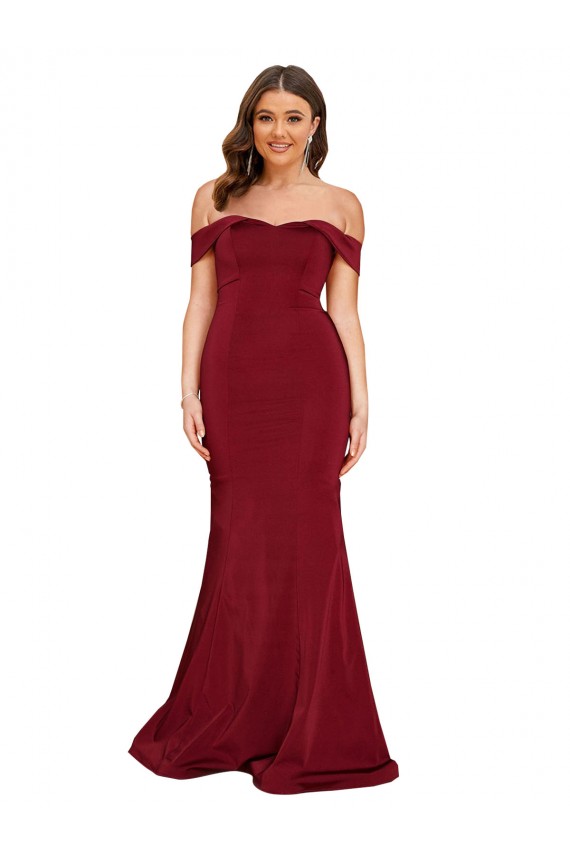 Sem Mangas Fora do Ombro Spandex Borgonha Comprimento Chão Vestidos de Madrinha / Vestidos de Noite / Vestidos de Festa Mais Barato