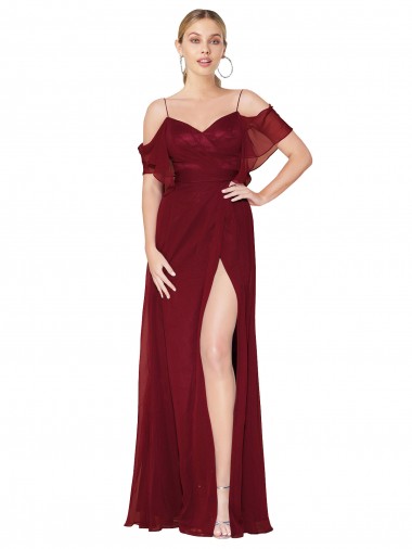 Ombro Frio Decote Alto Chiffon Borgonha Comprimento Chão Vestidos de Madrinha / Vestidos de Noite / Vestidos de Festa Mais Barato