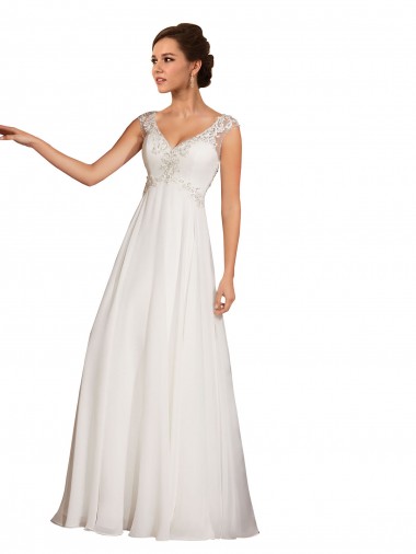 Mangas Curtas Decote V Chiffon & Renda Branco Comboio Capela Vestidos de Noiva Mais Barato