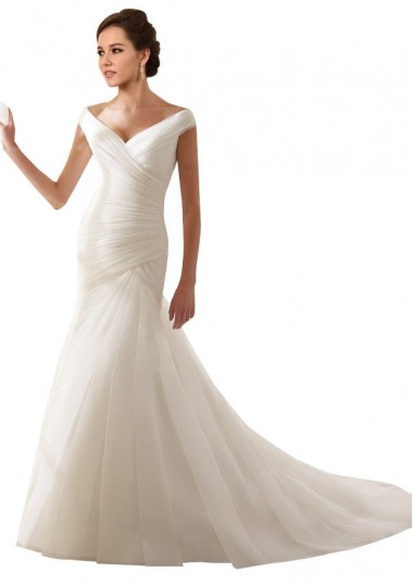 Sem Mangas Fora do Ombro Tule Branco Comboio Capela Vestidos de Noiva Mais Barato
