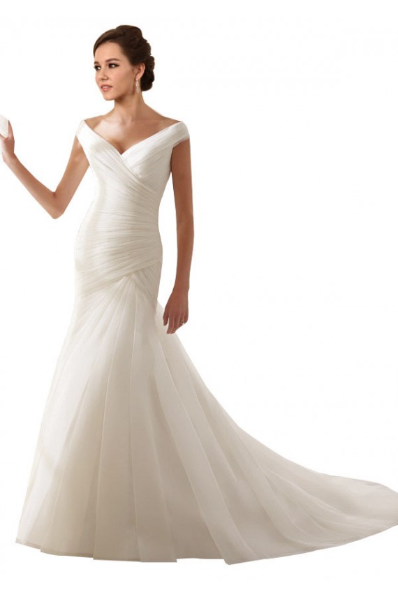 Sem Mangas Fora do Ombro Tule Branco Comboio Capela Vestidos de Noiva Mais Barato