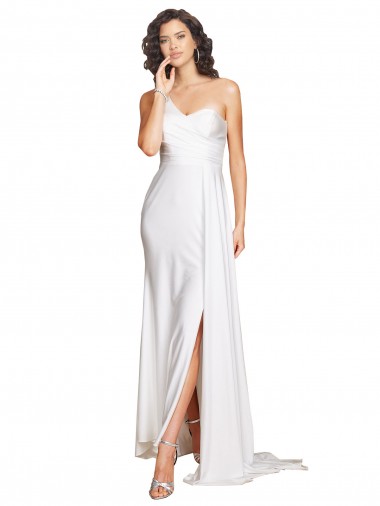 Sem Mangas Um Ombro Cetim Sedoso Branco Comprimento Chão Vestidos de Noiva Mais Barato
