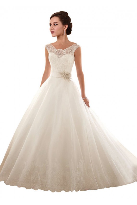 Sem Mangas Fora do Ombro Tule & Renda Branco Comboio Capela Vestido de Noiva Mais Barato