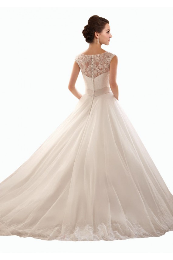 Sem Mangas Fora do Ombro Tule & Renda Branco Comboio Capela Vestido de Noiva Mais Barato
