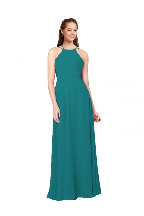 Sem Mangas Decote Alto Chiffon Caçador Verde Comprimento Chão Vestidos de Madrinha Mais Barato