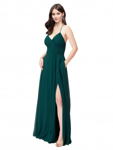 Sem Mangas Decote V Chiffon Caçador Verde Comprimento Chão Linha A Vestidos de Madrinha Mais Barato