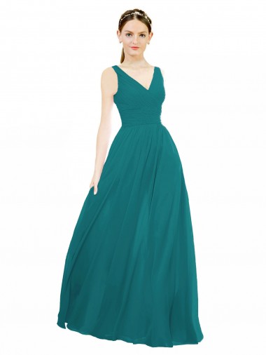 Sem Mangas Decote V Chiffon Caçador Verde Comprimento Chão Vestidos de Madrinha Mais Barato