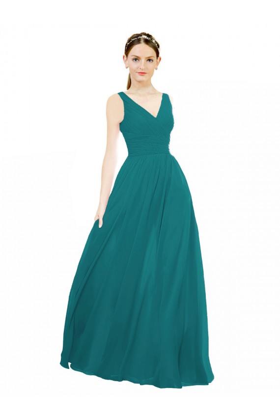 Sem Mangas Decote V Chiffon Caçador Verde Comprimento Chão Vestidos de Madrinha Mais Barato