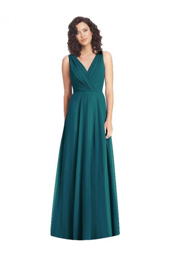 Sem Mangas Decote V Chiffon Caçador Verde Comprimento Chão Vestidos de Festa Mais Barato