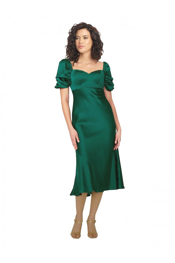 Mangas Curtas Amor Cetim Sedoso Caçador Verde Comprimento Midi Vestidos de Madrinha / Vestidos de Noite / Vestidos de Festa Mais Barato
