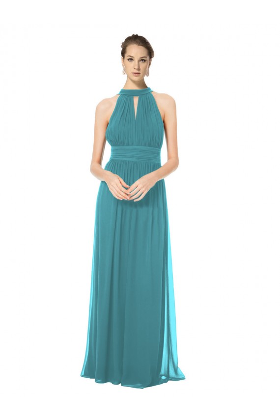 Sem Mangas Cabeçada Chiffon Caçador Verde Comprimento Chão Vestidos de Madrinha Mais Barato