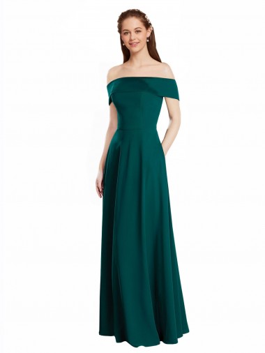 Mangas Curtas Fora do Ombro Chiffon Caçador Verde Comprimento Chão Vestidos de Madrinha Mais Barato
