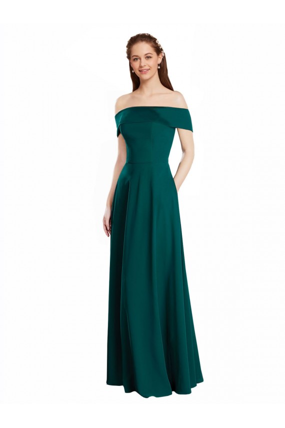 Mangas Curtas Fora do Ombro Chiffon Caçador Verde Comprimento Chão Vestidos de Madrinha Mais Barato
