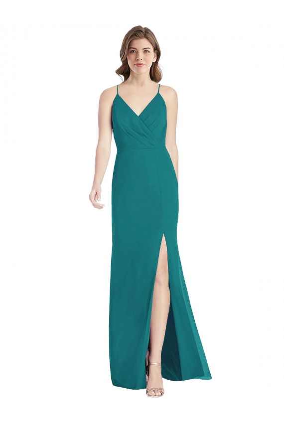 Sem Mangas Decote V Chiffon Caçador Verde Comprimento Chão Vestido de Madrinha Mais Barato