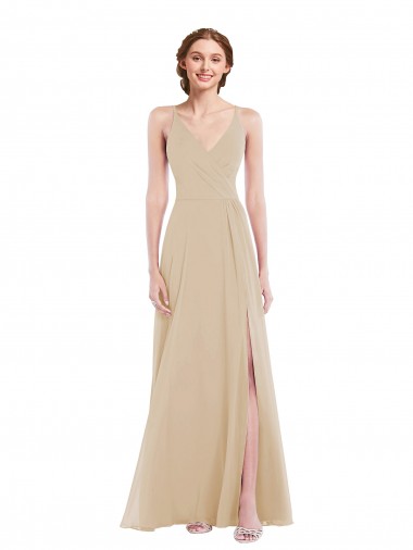 Sem Mangas Decote V Chiffon Champanhe Comprimento Chão Longo Vestidos de Madrinha Mais Barato