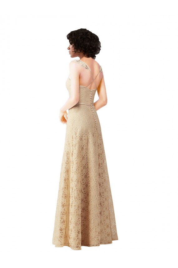 Sem Mangas Amor Renda Champanhe Comprimento Chão Vestidos de Madrinha Mais Barato