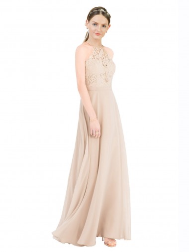 Sem Mangas Decote Alto Chiffon & Renda Champanhe Comprimento Chão Vestidos de Madrinha / Vestidos de Festa Mais Barato