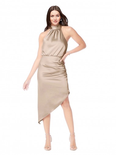 Sem Mangas Cabeçada Cetim Sedoso Champanhe Rosa Alto Baixo Vestidos de Madrinha / Vestidos de Festa / Vestidos de Cocktail / Vestidos de Homecoming Mais Barato
