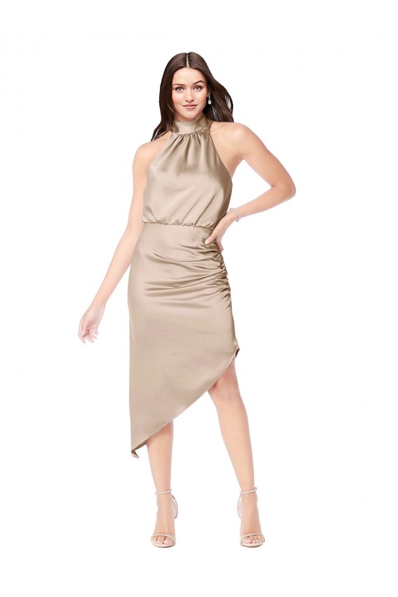 Sem Mangas Cabeçada Cetim Sedoso Champanhe Rosa Alto Baixo Vestidos de Madrinha / Vestidos de Festa / Vestidos de Cocktail / Vestidos de Homecoming Mais Barato