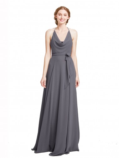 Sem Mangas Cabeçada Chiffon Cinza Ardósia Comprimento Chão Vestidos de Madrinha Mais Barato
