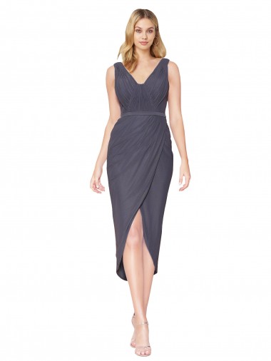 Sem Mangas Decote Alto Chiffon Cinza Ardósia Alto Baixo Vestidos de Madrinha / Vestidos de Noite / Vestidos de Festa Mais Barato