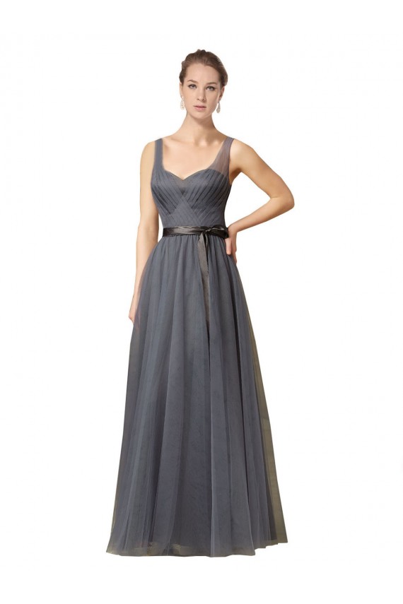 Sem Mangas Amor Tule Cinza Ardósia Comprimento Chão Longo Vestidos de Madrinha Mais Barato