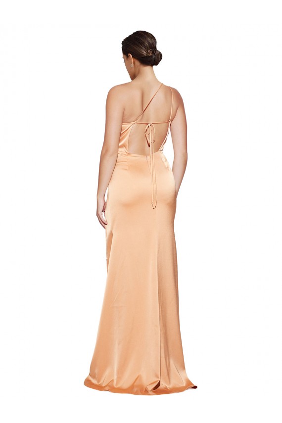 Sem Mangas Um Ombro Cetim Elástico Cobre Claro Comprimento Chão Vestidos de Madrinha / Vestidos de Noite / Vestidos de Festa Mais Barato