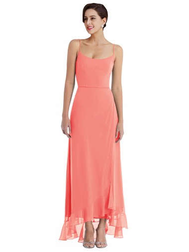 Sem Mangas Colher Chiffon Coral Alto Baixo Alto Baixo, Vestidos de Madrinha Mais Barato