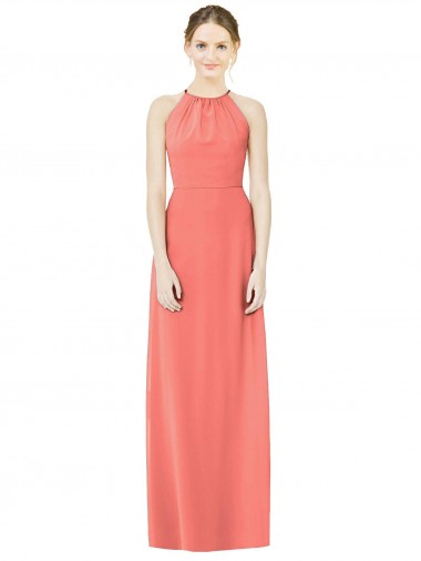 Sem Mangas Cabeçada Chiffon Coral Comprimento Chão Vestidos de Madrinha Mais Barato