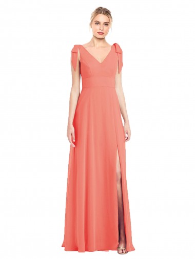 Sem Mangas Decote V Chiffon Coral Comprimento Chão Longo Vestidos de Madrinha Mais Barato