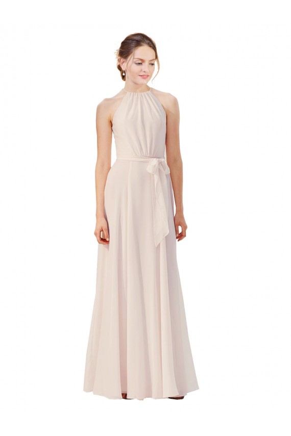 Sem Mangas Decote Alto Chiffon Creme Rosa Comprimento Chão Vestidos de Madrinha Mais Barato