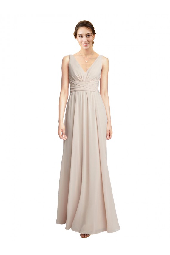 Sem Mangas Decote V Chiffon Creme Rosa Comprimento Chão Vestidos de Madrinha Mais Barato