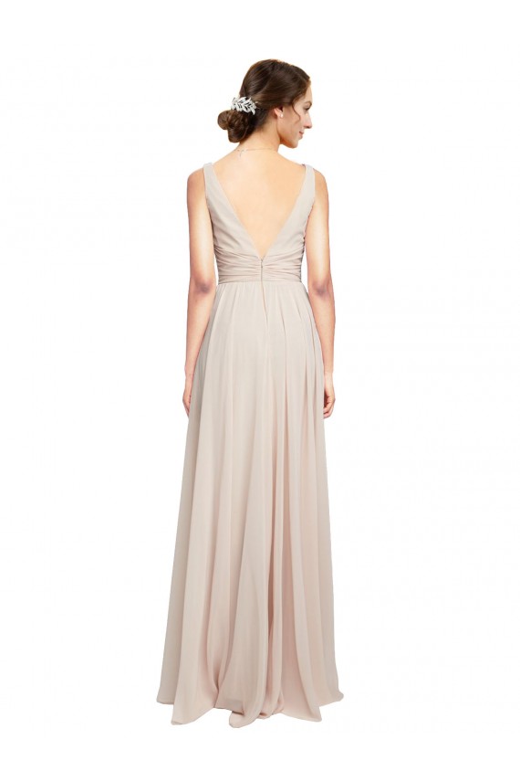 Sem Mangas Decote V Chiffon Creme Rosa Comprimento Chão Vestidos de Madrinha Mais Barato