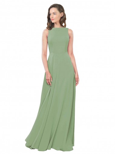 Sem Mangas Decote Alto Chiffon Ervas Marinhas Comprimento Chão Longo Vestidos de Madrinha Mais Barato