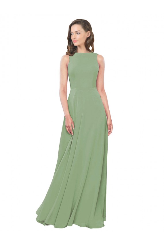Sem Mangas Decote Alto Chiffon Ervas Marinhas Comprimento Chão Longo Vestidos de Madrinha Mais Barato
