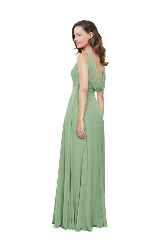 Sem Mangas Decote Alto Chiffon Ervas Marinhas Comprimento Chão Longo Vestidos de Madrinha Mais Barato