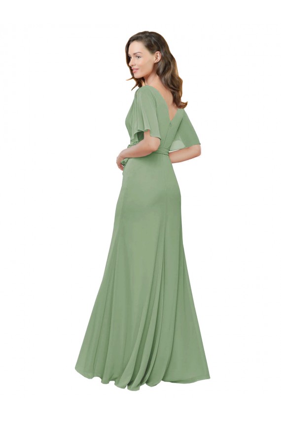 Mangas Esvoaçantes, Mangas Curtas Decote V Chiffon Ervas Marinhas Comprimento Chão Vestidos de Madrinha Mais Barato