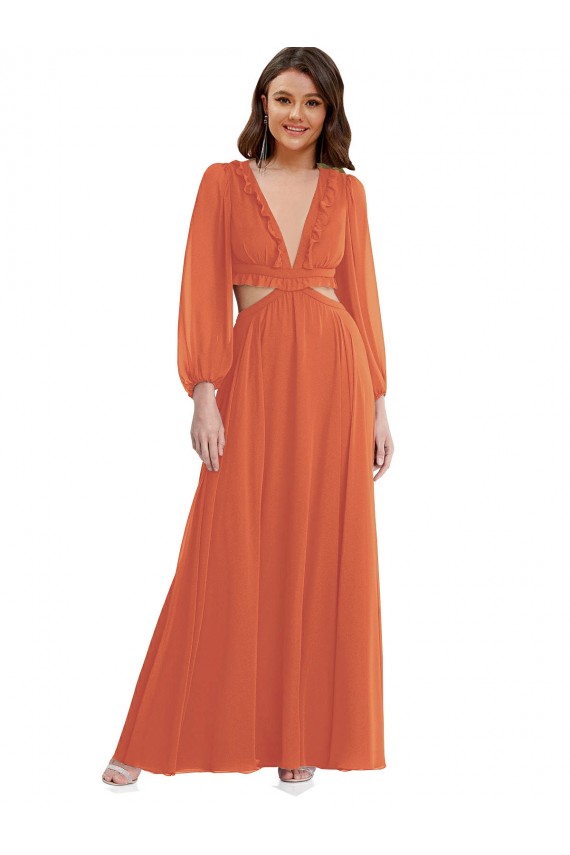 Mangas Compridas, Mangas Bispo Decote V Chiffon Firecracker Alto Baixo Alto Baixo, Vestidos de Madrinha Mais Barato