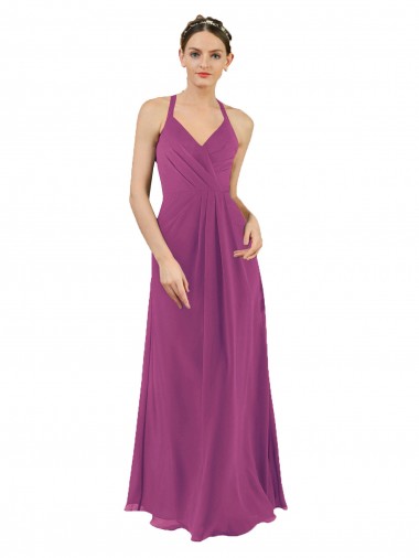 Sem Mangas Decote V Chiffon Frutos Silvestres Comprimento Chão Longo Vestidos de Madrinha Mais Barato