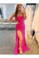 Sem Mangas Alças finas Lantejoulas Veludo Fúcsia Comboio Varredela Vestidos de Festa Mais Barato