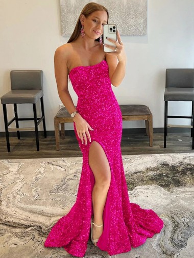 Sem Mangas Sem alças Lantejoulas Veludo Fúcsia Comboio Varredela Vestidos de Festa Mais Barato