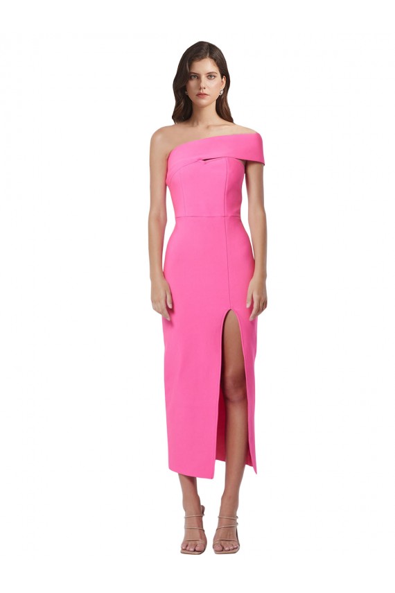 Sem Mangas Um Ombro Crepe Esticado Fúcsia Comprimento Midi Vestidos de Madrinha / Vestidos de Noite / Vestidos de Festa Mais Barato