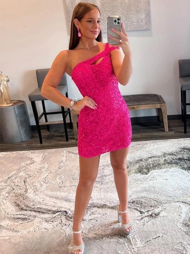 Sem Mangas Um Ombro Lantejoulas Veludo Fúcsia Curto Vestidos de Festa Mais Barato