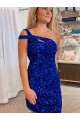 Sem Mangas Um Ombro Lantejoulas Veludo Fúcsia Curto Vestidos de Festa Mais Barato