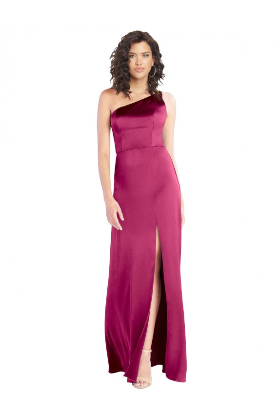 Sem Mangas Um Ombro Cetim Elástico Fúcsia Comprimento Chão Vestidos de Madrinha / Vestidos de Noite / Vestidos de Festa Mais Barato