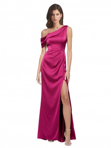 Sem Mangas Um Ombro Cetim Elástico Fúcsia Comprimento Chão Longo Vestidos de Madrinha / Vestidos de Noite / Vestidos de Festa Mais Barato