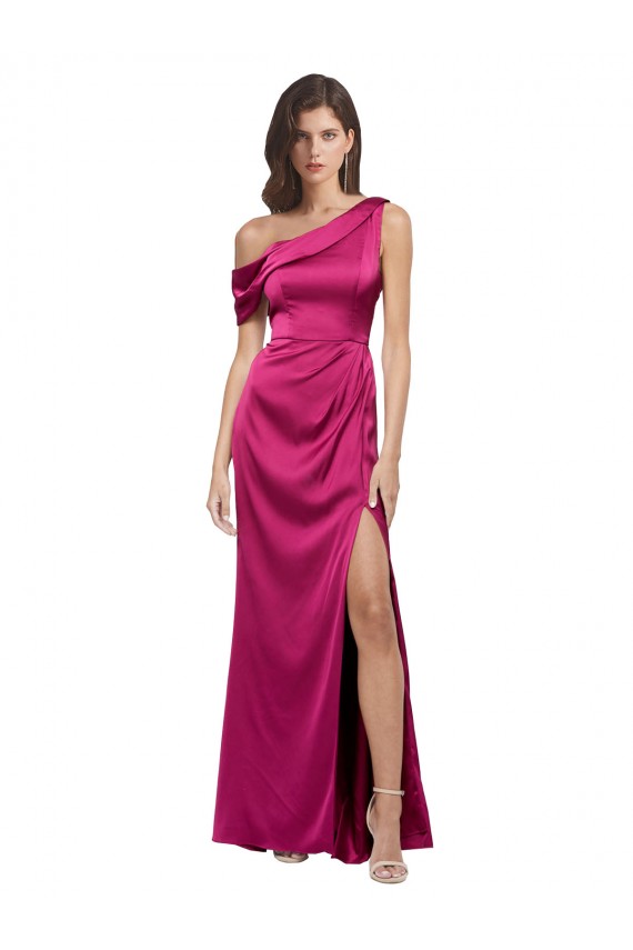 Sem Mangas Um Ombro Cetim Elástico Fúcsia Comprimento Chão Longo Vestidos de Madrinha / Vestidos de Noite / Vestidos de Festa Mais Barato