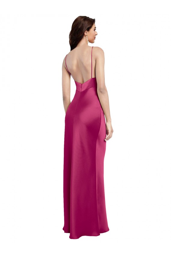 Sem Mangas Decote V Cetim Elástico Fúcsia Comprimento Chão Vestidos de Madrinha / Vestidos de Noite / Vestidos de Festa Mais Barato